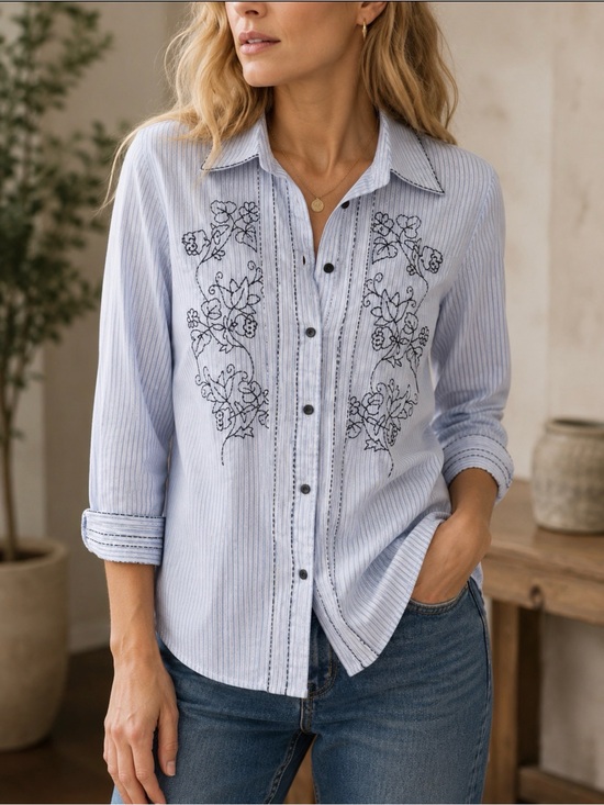 Pursuits Ltd Tops - Pursuits Ltd Cotton Striped Embroidered Button Down Shirt Sz 14